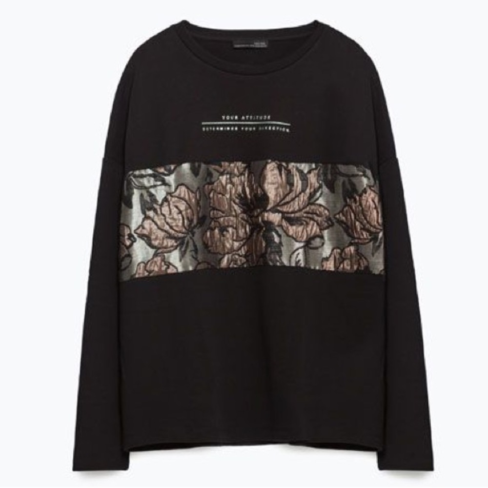 Zara Black Floral Crew Neck Sweater
